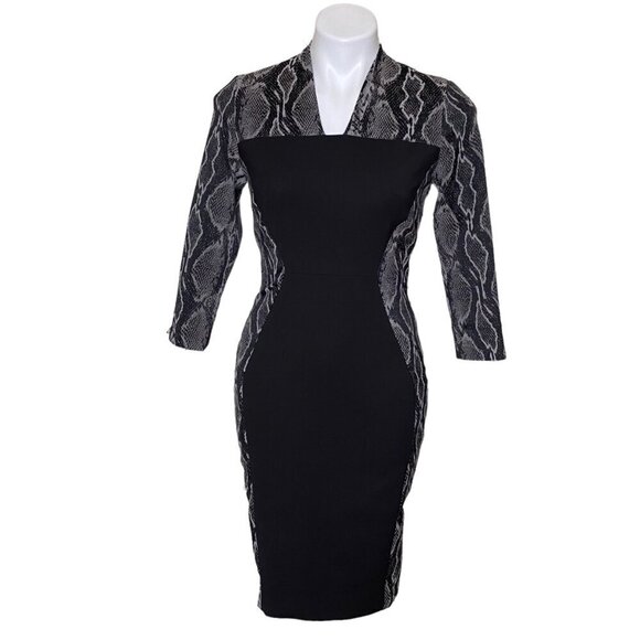 French Connection Black Snake Skin Print Sheath Dress, 3/4-Sleeve Women's Size 6 - Picture 1 of 11